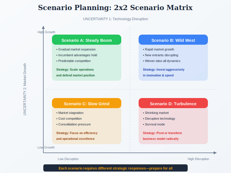 Scenario Planning 2x2 matrix showing four possible futures